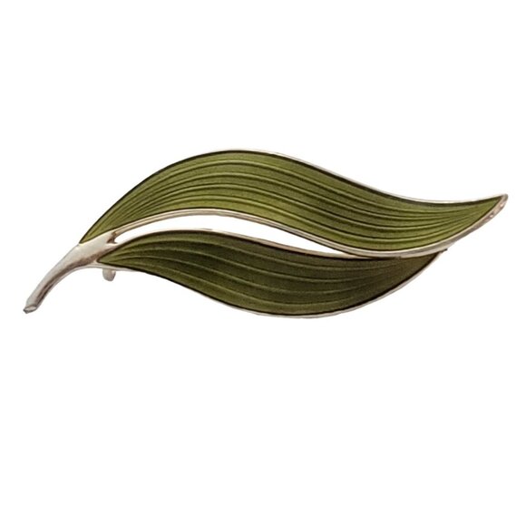 Aksel Holmsen Norway Sterling 925S Green Enamel Leaf Duo Pin, Signed L47 - Picture 2 of 9